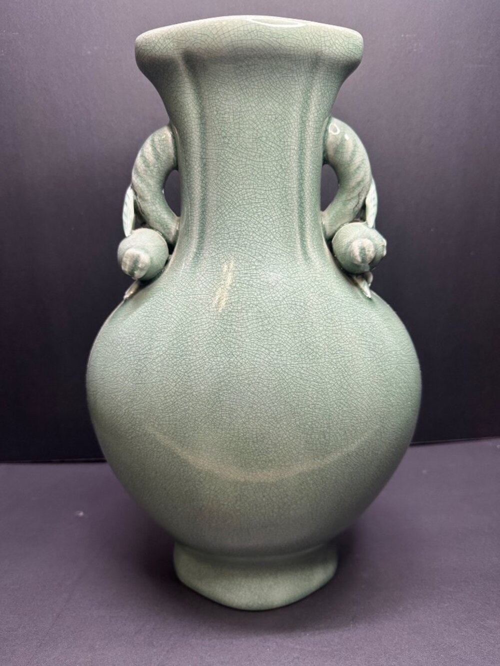 Vtg Chinese Celadon Crackle Glaze Tall Vase with Fruit Handles 14" Floor Vase